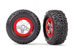 Tires and wheels, assembled, glued (SCT satin chrome wheels, red beadlock style, SCT off-road racing tires, foam inserts) (1 each, right & left)