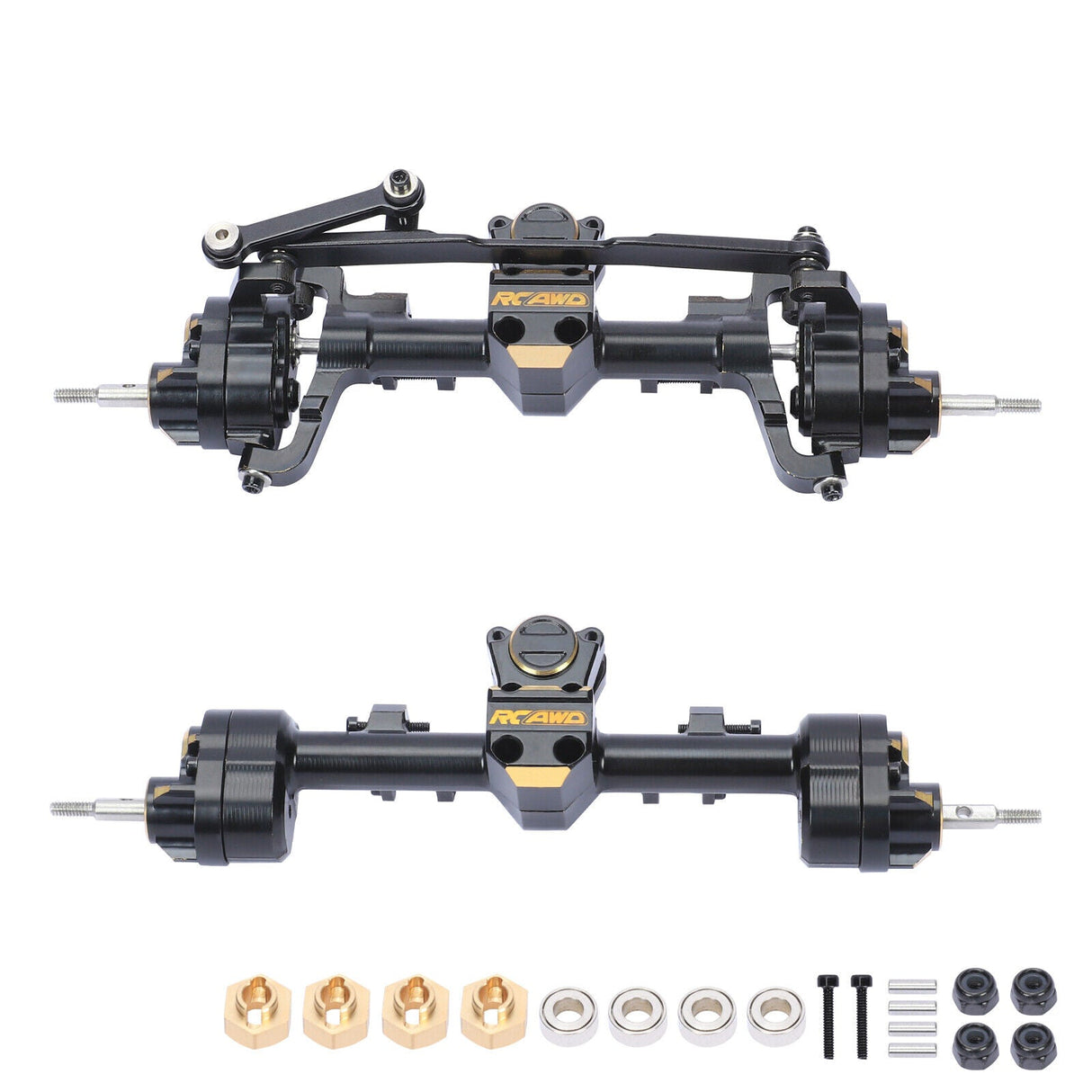 SCX24 F&R Brass Portal Axles w/ Brass Steering Link & Wheel Weights - TRC-145
