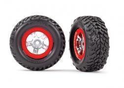 Tires and wheels, assembled, glued (SCT satin chrome wheels, red beadlock style, SCT off-road racing tires, foam inserts) (1 each, right & left)
