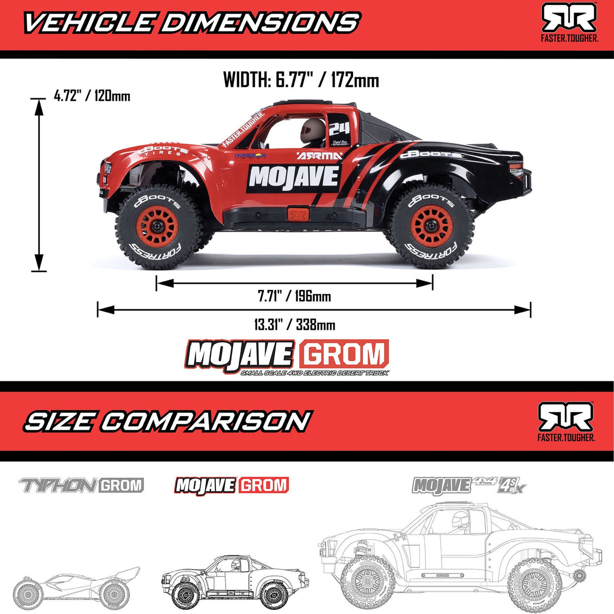 1/16 MOJAVE GROM 4X4 RTR Brushed Desert Truck (Battery & Charger Included), Red/Black
