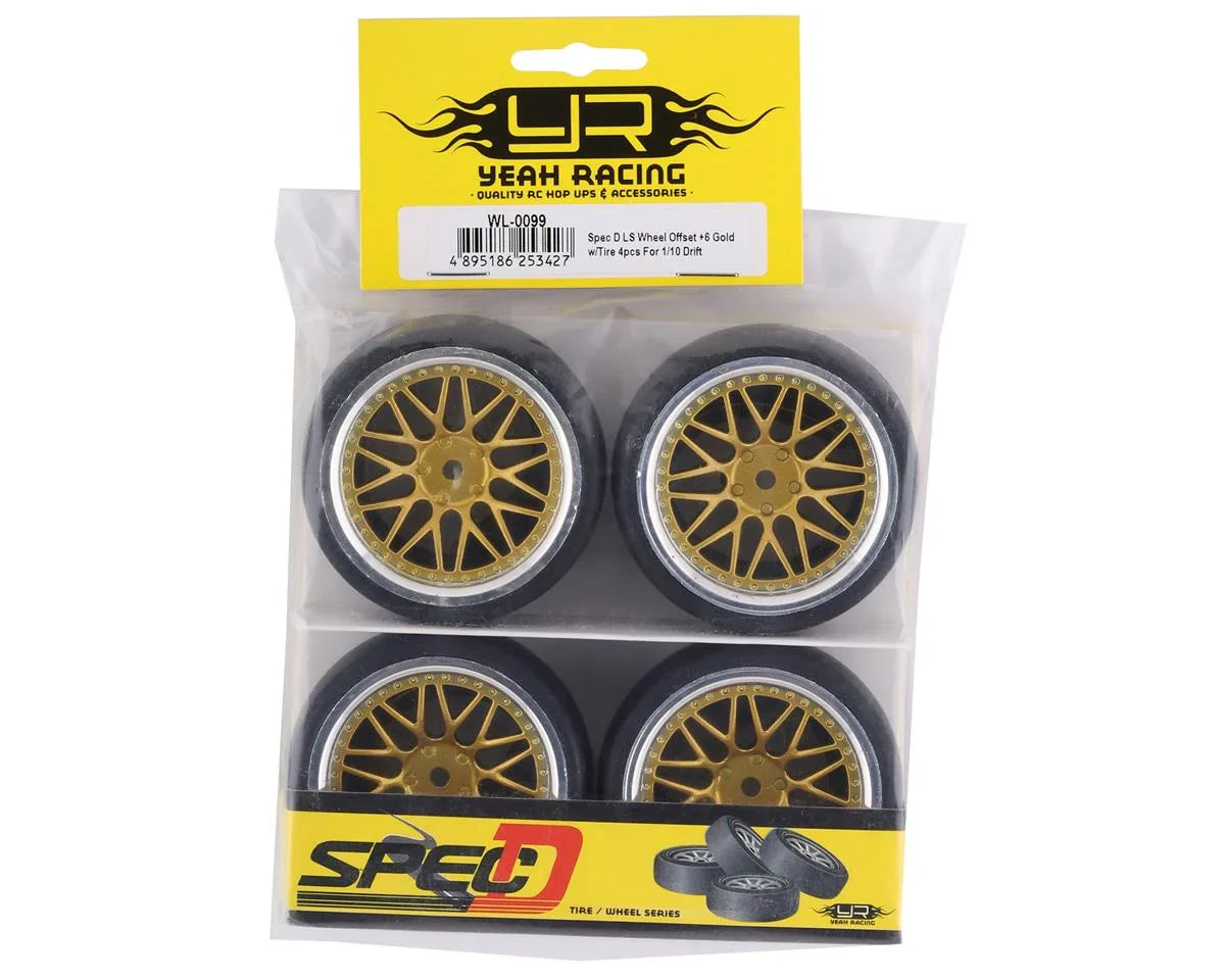 Yeah Racing Spec D Pre-Mounted Drift Tires w/LS Mesh Wheels (Chrome/Gold) (4) w/12mm Hex & 6mm Offset - YEA-WL-0099