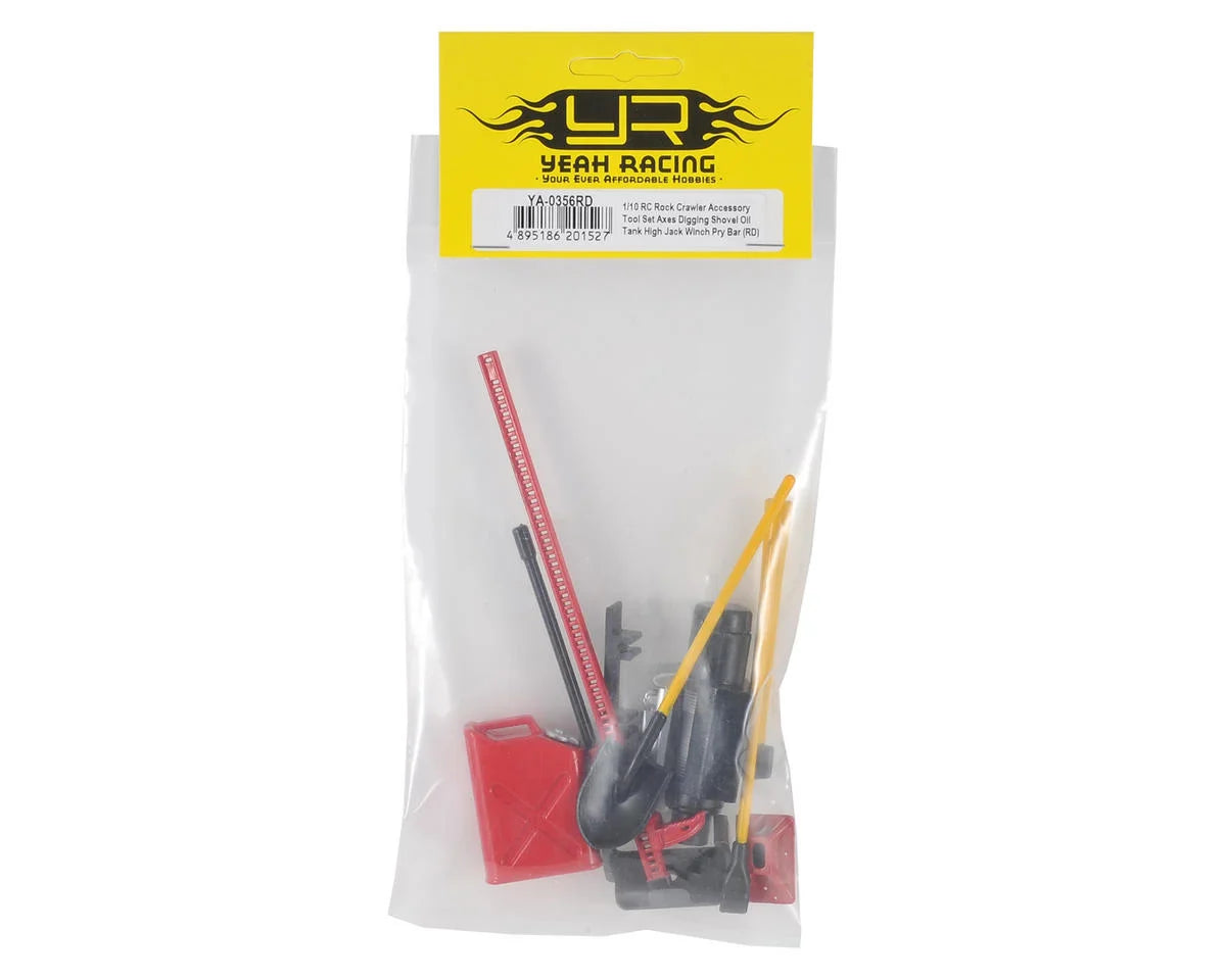 Yeah Racing 6-Piece Scale Tool Set (Red) w/Axe, Shovel, Oil Tank, Jack, Winch - YEA-YA-0356RD